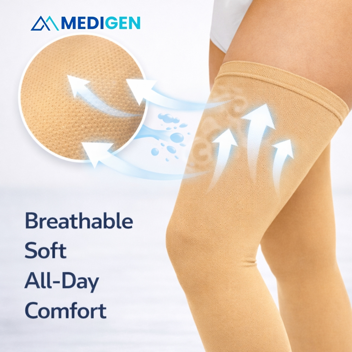 Stretchable mid thigh compression stockings with ergonomic fit