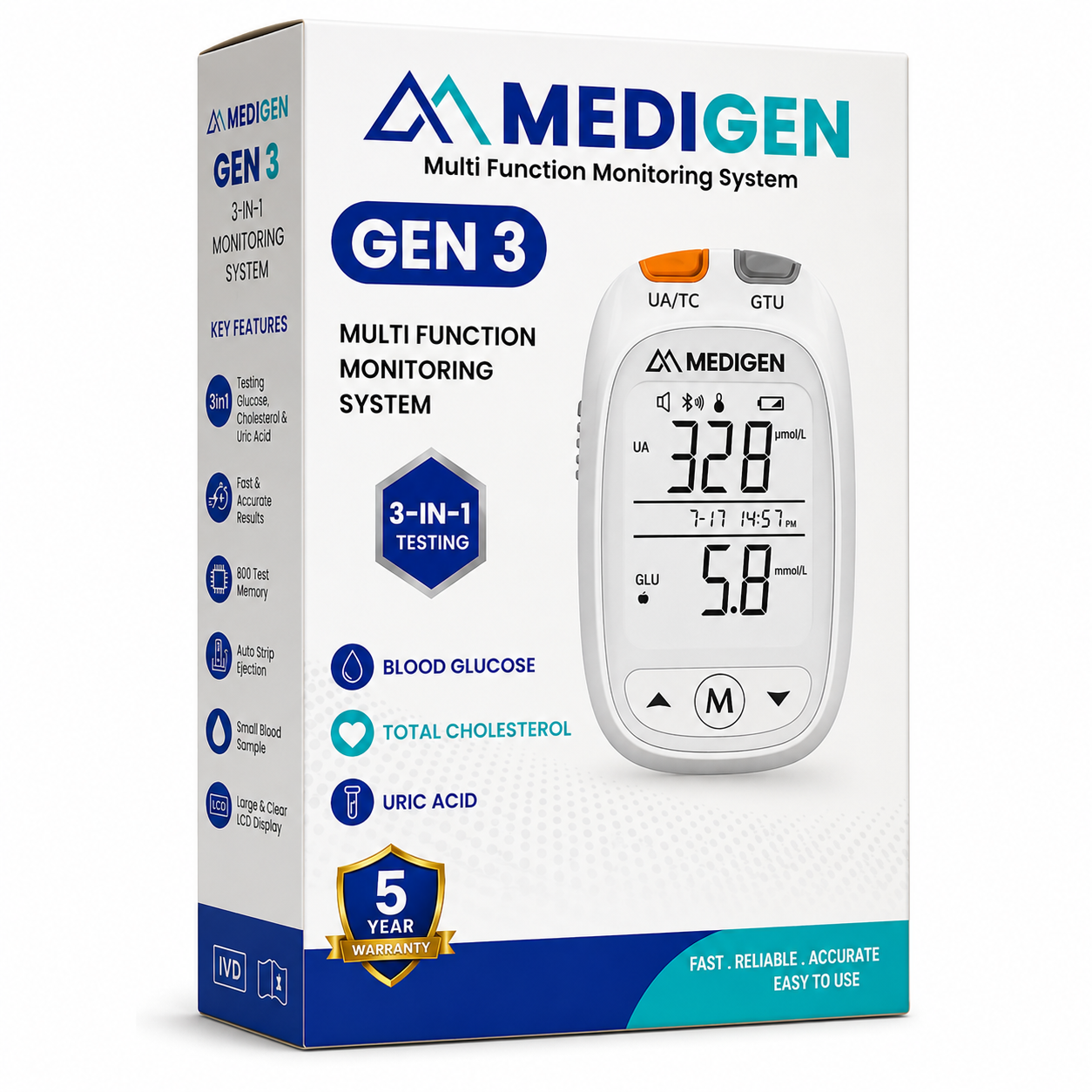 MEDIGEN GEN3 Health Monitoring Starter Kit | 3-in-1 Blood Glucose, Total Cholesterol & Uric Acid Monitoring System - Image 8