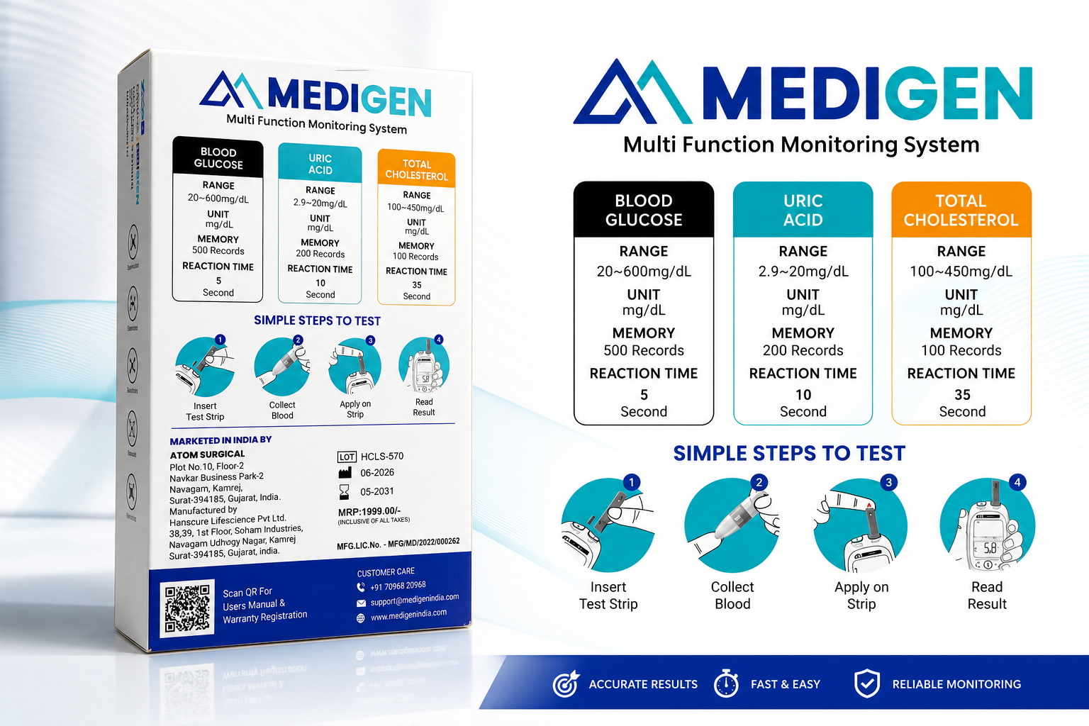 MEDIGEN GEN3 Health Monitoring Starter Kit | 3-in-1 Blood Glucose, Total Cholesterol & Uric Acid Monitoring System - Image 6