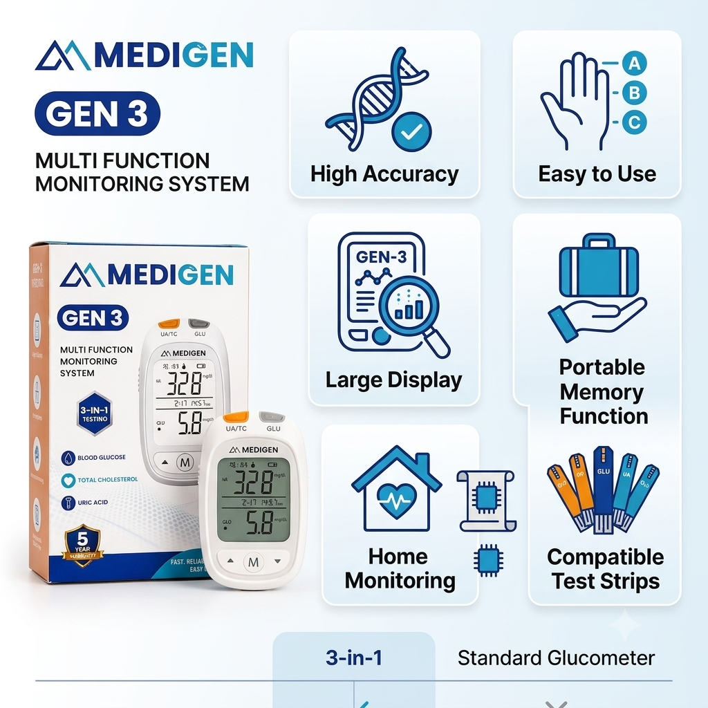 MEDIGEN GEN3 Health Monitoring Starter Kit | 3-in-1 Blood Glucose, Total Cholesterol & Uric Acid Monitoring System - Image 5