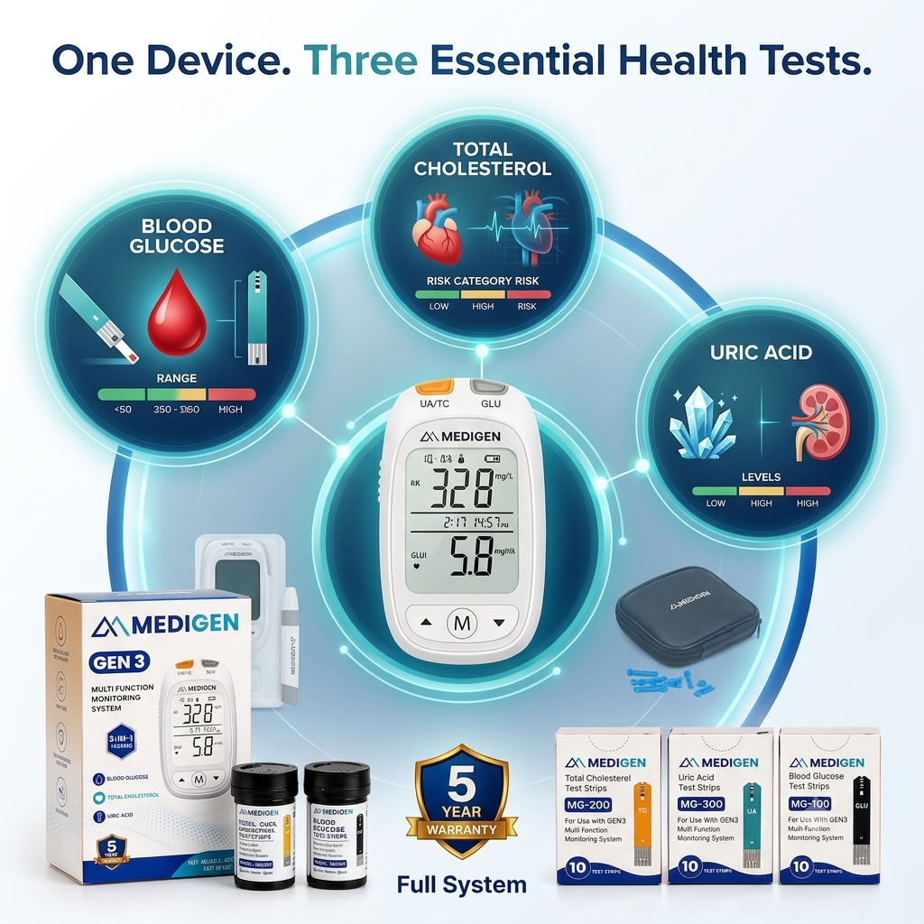 MEDIGEN GEN3 Health Monitoring Starter Kit | 3-in-1 Blood Glucose, Total Cholesterol & Uric Acid Monitoring System - Image 2